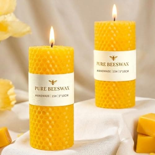 2Pcs Beeswax Pillar Candles, 10-15 Hour Burning, 4.5cm W x10cm H