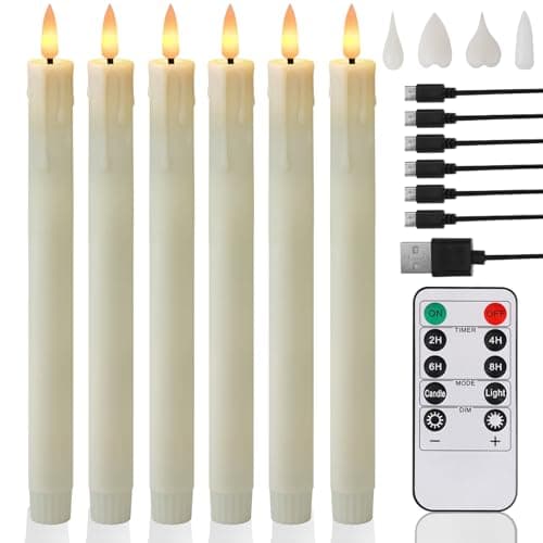 MI CASA Rechargeable LED Taper Candles Flickering with Remote Timer, Pack of 6 Battery Operated Drip Wax Ivory Flameless Taper Candles with 2 Replacable Flame Tips, Christmas Home Wedding Decor