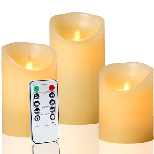 Auralome Flameless Candles Battery Operated - Fake LED Flickering Real Wax Pillar Candles Moving Wick D3.15 x H4 5" 6" Realistic Remote Control Timer Electric Artificial Church Home Wedding 3 Pcs