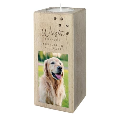 Personalised Solid Wooden Photo Pet Memorial Tea Light Holder | Custom Dog & Cat Remembrance Keepsake Candle | Name & Dates | Bereavement Sympathy Gift | Forever in My Heart | W5.5cm x D5.5cm x H13cm