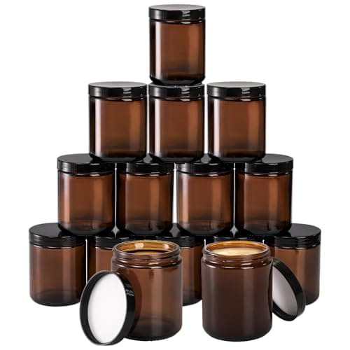 Bekith 15 Pack 270ml Amber Round Glass Jars Empty Refillable Jars with Plastic Lids for DIY Candle Homemade Facial Cream Essential Oils Travel