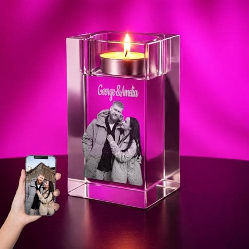 Print Maniacs Personalised 3D Crystal Candle Photo – Luxury Laser Engraved Picture Gift for Couples, Anniversaries & Memorials