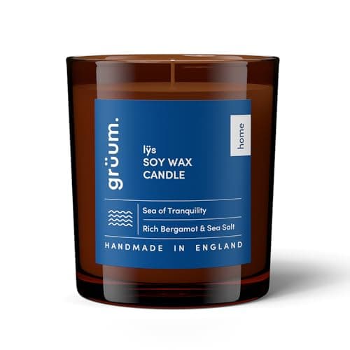 grüum 170g Soy Wax Scented Candles - 100% Soy Candle with up to 40 Hours Long Burning Time - Candles Gifts for Women - Hand Poured UK Made Scented Candle with Rich Bergamot & Crisp Sea Salt