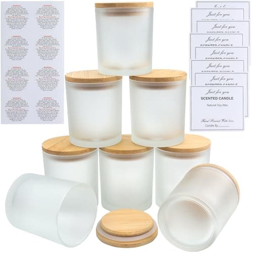 LHNNDM 8 Pack 10 oz Frosted Glass Candle Jars with Bamboo Lids- Bulk Empty Jars （315ml ）for Making Candles - Spice, Powder Containers - Dishwasher Safe (Frosted Candle Glass Cup)
