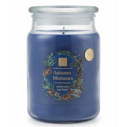 Autumn Moments Scented Large Jar Candle - Amber & Patchouli Fragrance, Long Lasting 95-Hour Burn Time with Glass Lid - Luxury Candle