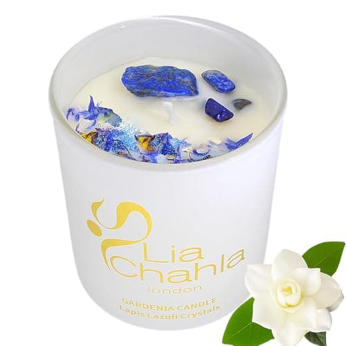 Clearance Gardenia Soy Candle with Lapis Lazuli Crystals – Natural Aromatherapy Candle – Luxury Scented Candle for Home – Relaxing Gift for Men & Women (Gardenia/Lapis Lazuli, 10 OZ)