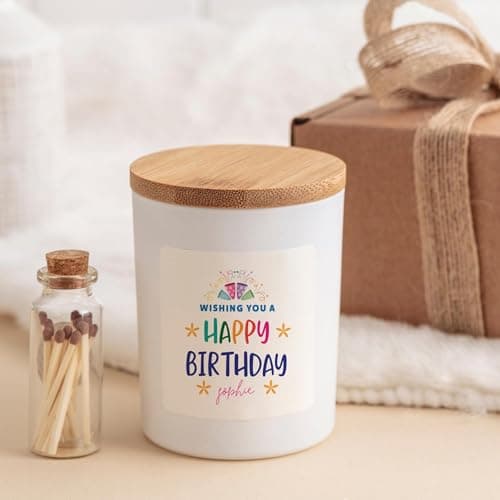 Pomchick - Custom Birthday Scented Candle Gift Set with Mini Jar Personalised Name Colourful Happy Birthday Design with Fireworks Gift for Her Teenage