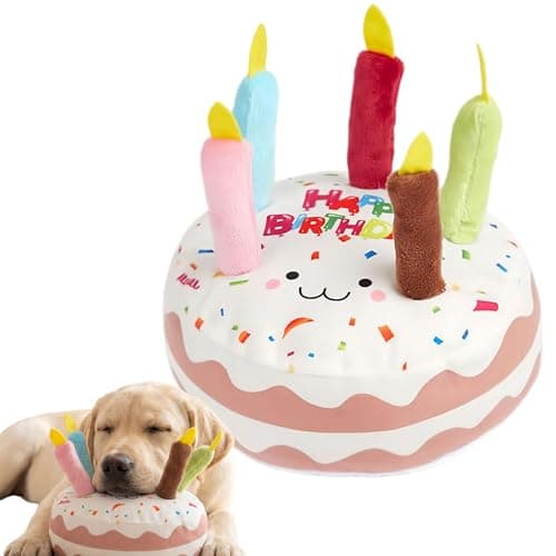 Speedy Panther Dog Birthday Cake Squeaky Plush Toy with Rope Candles, Soft, Colourful, Happy Birthday Theme