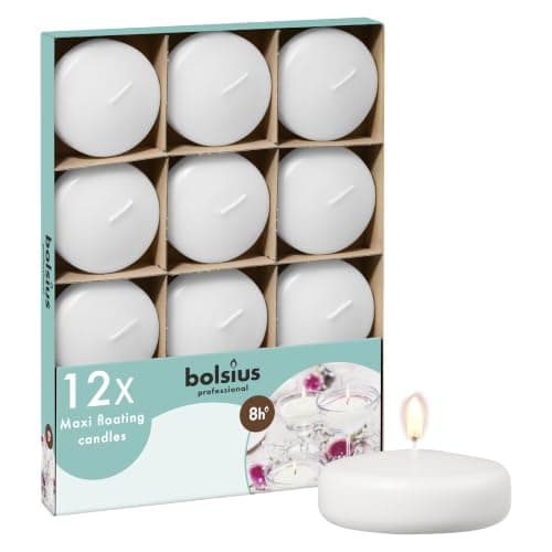 Bolsius - Maxi Floating Candles - White - 12 Pieces in a Box - Ø 7.6 cm - Burning Time 8 Hours - Fragrance-Free - Paraffin Wax - XL Floating Candle - Various Occasions
