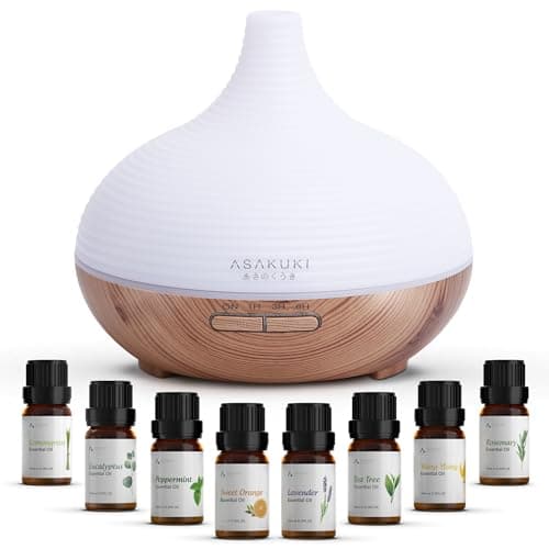 ASAKUKI 300ml Essential Oil Diffuser with 8*10ml Natural Essential Oils Set