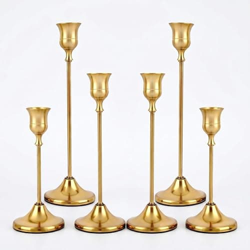 6 Pcs Gold Brass Taper Candle Holders Set – Vintage Metal Candlestick Holder for Table Centrepiece & Mantel Décor, Rustic Candle Sticks for Standard Taper Candles (Up to 0.8" Diameter)