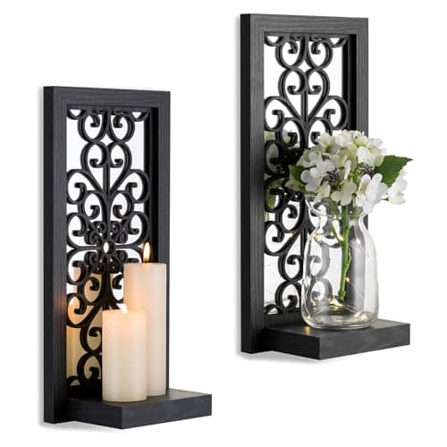 Walasis Gothic Wooden Wall Candle Holders with Mirror, Set of 2