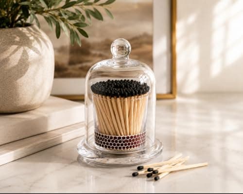 Mabel & Ivy Black Tip Matches in a plain glass clear elegant Dome Cloche Bell Jar - Candle Care home Decor