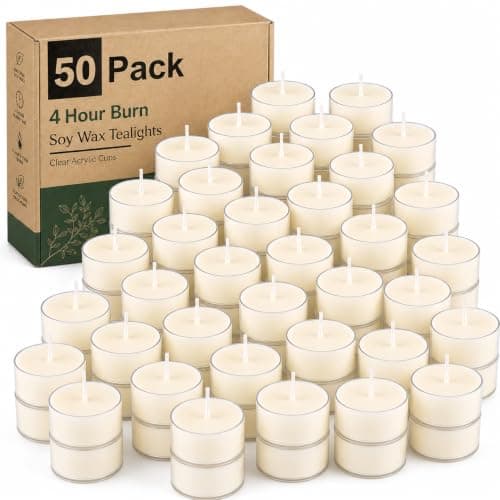 50 Pack Soy Wax Tealights, Unscented Tealight Candles, 4 Hours Burning Time