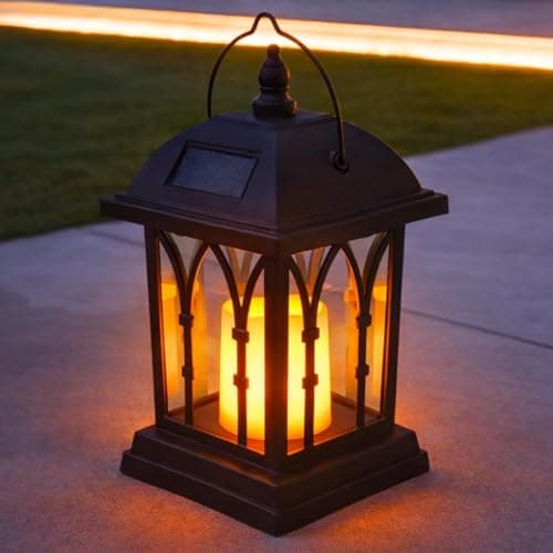 Festive Lights 27cm Black Solar Garden Lantern, Flickering Amber LED Candle, Waterproof Hanging or Tabletop Outdoor Light for Patios, Decking, Balconies, Pathways, Porches and Garden Décor