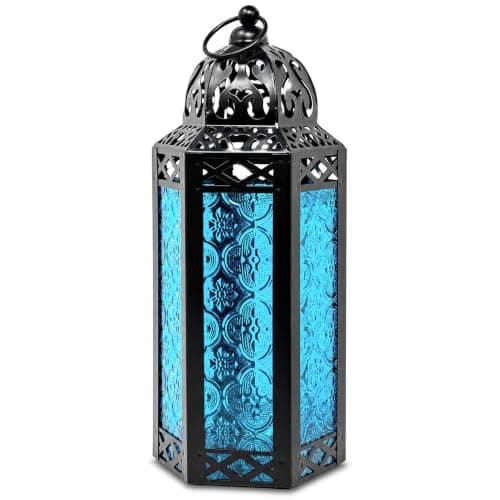 VELA LANTERNS Moroccan Candle Lantern Decorative Candle Holder Lamp for Indoor Outdoor, Ramadan, Home Decor, Patio, Weddings, Black Metal, Blue Glass, Medium Lantern