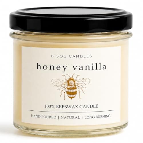 Honey Vanilla Artisan Beeswax Candle – Pure Honey & Rich Vanilla Scent, Luxury Scented Gift, Handmade 20h Clean Burn, Eco-Friendly Clear Glass Jar with Minimalist Design