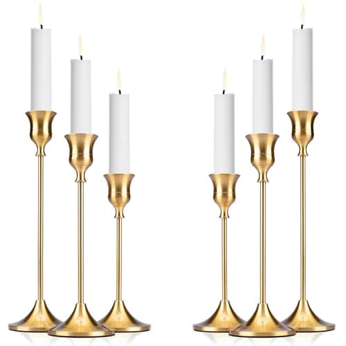 6 Pcs Metal Taper Candle Holders, Brass Gold Candlestick Holders, Vintage Candlesticks for Pillar Candles, Tall Decorative Candelabra for Wedding Mantel Fireplace Dining Table Decor, Housewarming Gift