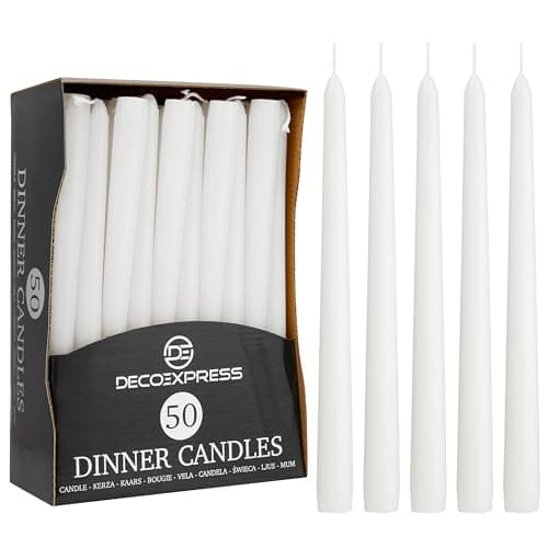 DECO EXPRESS Candles Set, Pack of 50 Classic Dripless Tapered Metallic Dinner Candles, Unscented with 8 Hours Burning Time, Home, Valentine’s Day & Mother’s Day Decor Idea (White, 50 Pack)