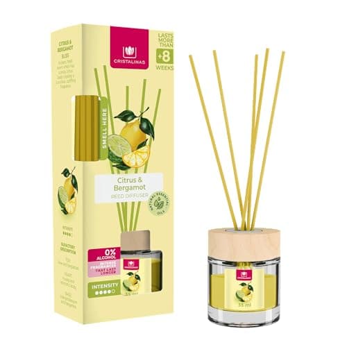 Cristalinas 35ml Citrus & Bergamot Air Fresheners - Reed Diffuser Home Fragrance Lasts upto 8 weeks - Room Diffuser Sticks with Coloured Fragrance Oil, Yellow