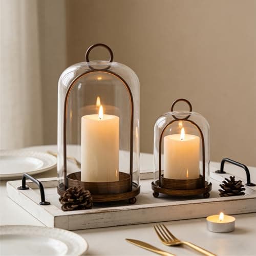 5" & 4" Candle Holders for Pillar Candles, Metal Candle Holder Set with Glass Dome and Hanging Chain Vintage Pillar Candles Holder for Dining Table Fireplace Decoration