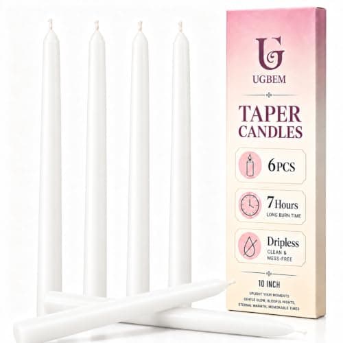 Tapered Dinner Candles, White, 10 Inch, 6 Pack
