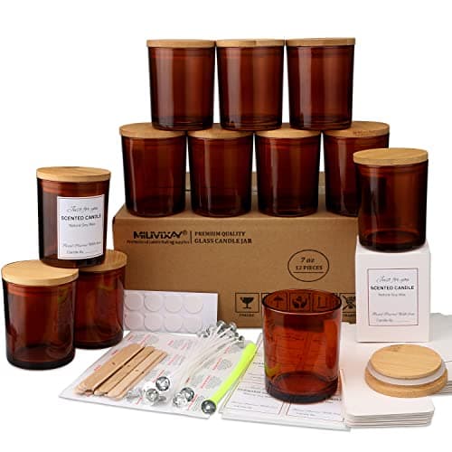 MILIVIXAY 12 Pack 7 OZ Amber Glass Candle Jars with Lids and Candle Making Kits - Bulk Empty Candle Jars for Making Candles - Spice, Powder Containers.
