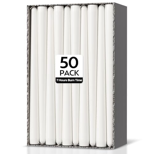 Taper Dinner Candles, Unscented White, Non-Drip Table Candlesticks, 7-Hour Burn Time, Long-Burning Tapered Candles, Paraffin Wax with Cotton Wicks, 50 Pack