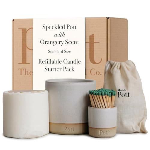 Pott Candles Refillable Candle Starter Pack, Orangery Scent, 60 Hour Burn Time, Standard Size, Ceramic Holder, Candle Refill, Match Pott, Natural Wax, UK Made