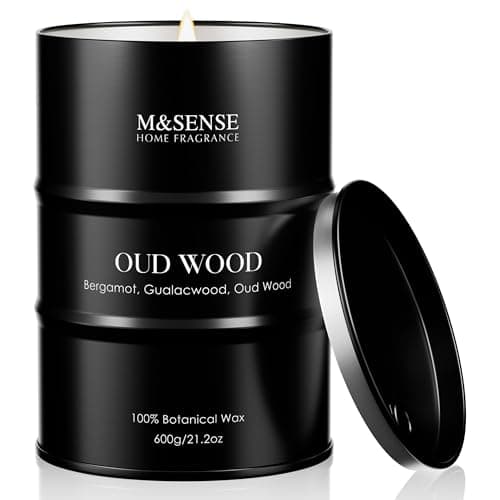 M&SENSE Oud Wood Scented Candle, Large 600g Organic Soy Wax, Up to 120 Hours Burn Time, Non Toxic Woody Home Candle, Aromatherapy Gift Box for Men and Women, Home Decor and Relaxation