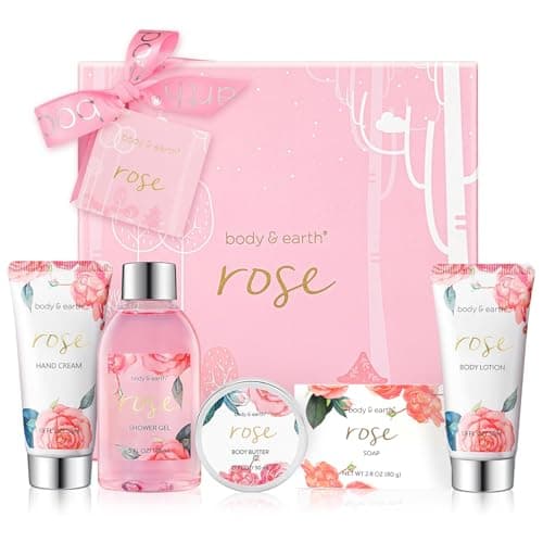BODY & EARTH Bath Spa Women Gift Set 5 Pcs Rose Gifts Sets Box for Her Pamper Gift for Womens with Soap Shower Gel, Body Lotion Mothers Day Gifts Christmas Valentine Gifts for Women