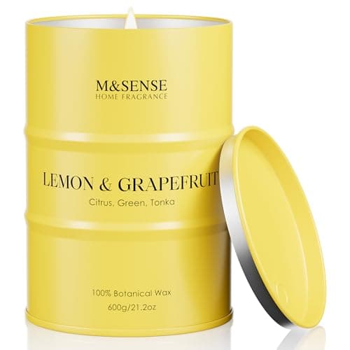 M&SENSE Lemon Grapefruit Scented Candle, Large 600g Soy Wax, Up to 120 Hours Burn Time, Strong Citrus Home Fragrance Candle, Fresh Aromatherapy Gift for Men and Women, Odour Eliminator and Relaxation
