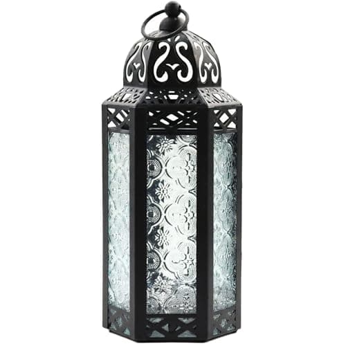 VELA LANTERNS Moroccan Candle Lantern Decorative Candle Holder Lamp for Indoor Outdoor, Ramadan, Home Decor, Patio, Weddings, Black Metal, Clear Glass, Medium Lantern