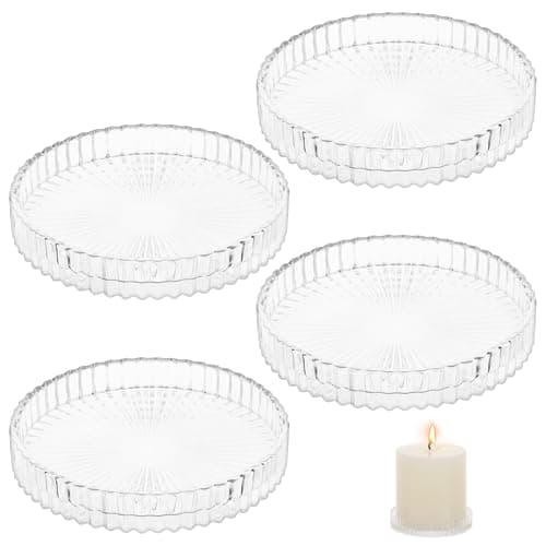 Zourglow 4 Pcs Glass Candle Plates, 9cm Transparent Pillar Candle Holder