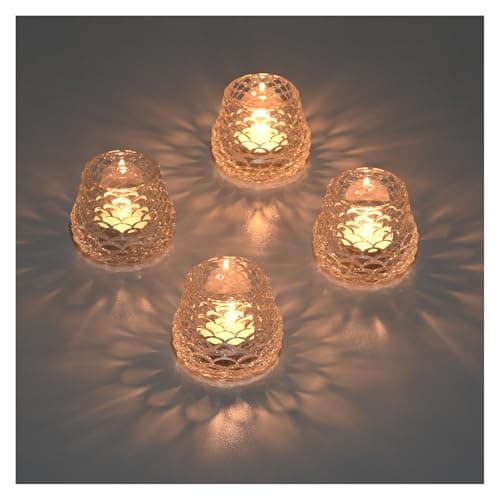 YoHyien Set of 4 Glass Tealight Candle Holders, Clear Tealight Holders for Table Centerpiece, Votive Candle Holders for Christmas, Wedding, Birthday Party, Home Decor (Pinecone)