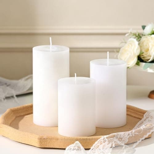 Pillar Candles Set of 3 - Hand-Poured Unscented Pillar Candle, Smokeless Decorative Candle for Home Decor Wedding, Candle Gifts for Women, Natural Plant Wax, Different Sizes, White (4", 5", 6")