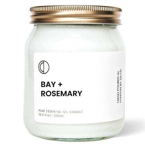 OCTŌ Bay + Rosemary Candle 300ml | Essential Oil Scented Jar Candle 10.5oz - 60 Hours Long Burning 100% Natural Soy Wax | Handmade in UK