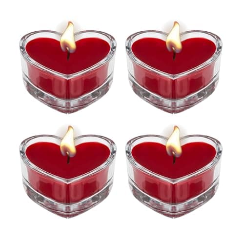 AKH® Heart Shaped Candles in Glass Jar Holder | Pack of 4 | Romantic Valentine's Day Candles, Ideal for Weddings, Home Décor, and Special Occasions | Love Heart Tea Lights | 4.5CM