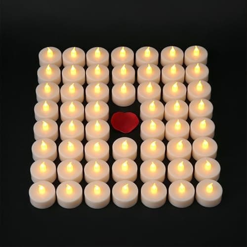 VIROSA Pack of 48 Realistic and Bright Battery Operated Flickering Flameless Tea Light Led Candles, Batteries Included - Yellow