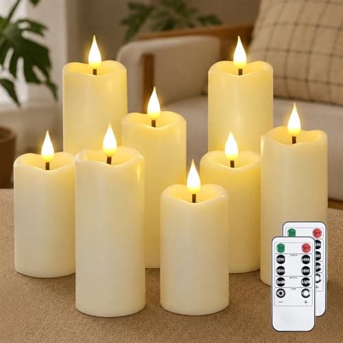 Yeelida Battery Operated Flickering Candles with Teardrop-Wick,Pack of 8 Plastic Flameless Ivory LED Two Remote Pillar Candles with Timer,Lasting 600+ Hours(5.3cm x 11 14 17cm)