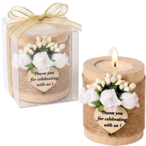 24 pcs Handmade White Rose Wood Tealight Candle Holder,Bridal Shower Tealight Holder Thank You Gifts, Wedding Favors for Guests, Wooden Cylinder Candle Holders for Table Centerpiece.