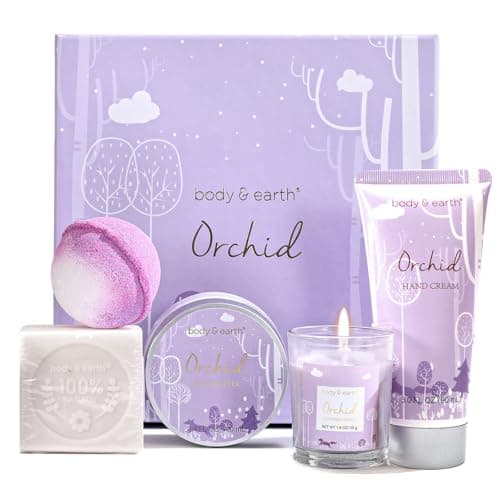 BODY & EARTH Luxury Gifts for Women, 5 Pcs Orchid Bath Spa Gift Set Includes Scented Candle, Body Butter, Hand Cream,Birthday Gift Sets for her Pregnant Women,Mother Day Valentine's Day Gifts