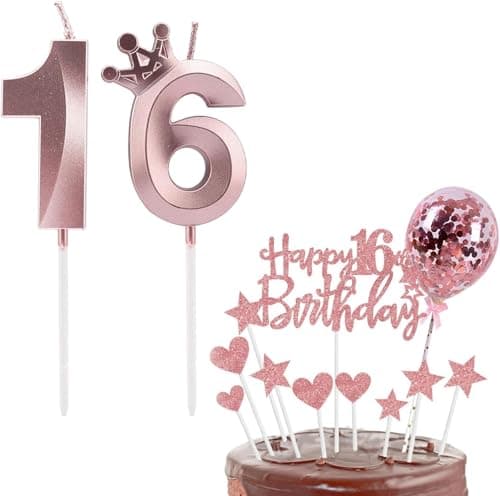 Bolosa Rose Gold Number 16 Birthday Candle Set and Cake Topper