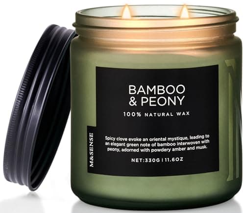 M&SENSE Bamboo Peony Soy Wax Scented Candles Gifts for Men 330g 70 Hour Organic Woody Home Scented Jar Candles Gift for Women 2 Wick Non Toxic Aromatherapy Candle for Relaxing Stress Relief