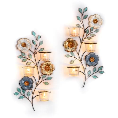Sziqiqi Flower Leaf Candle Sconces: Metal Wall Candle Holders Set of 2