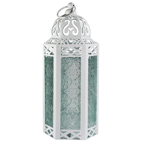 VELA LANTERNS White Moroccan Candle Lantern Decorative Candle Holder Lamp for Indoor Outdoor, Ramadan, Home Decor, Patio, Weddings, Metal, Clear Glass, Medium Lantern