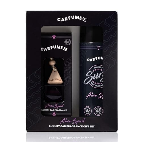 Carfume Alien Spirit Car Air Freshener Gift Set | Original Collection | Floral, Jasmine & White Amber Fragrance - Hanging Diffuser & Surge Can - Luxury Purple Car Accessory Gift For Women