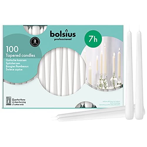 Bolsius Tapered Dinner Candles (Pack of 100), White, Length: 25.4 cm/10 inch, Wax Candles, Tabletop Restaurant Candles, Romantic Dining, P960