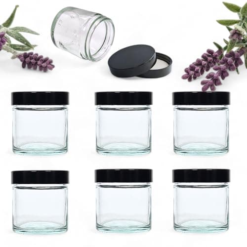 Avalon 60ml CLEAR Glass Jar with BLACK UREA Airtight Lids ~ Pack of 6 ~ Refillable, Reusable ~ Perfect for Moisturisers, Grooming Products, Face and Body Balms, Candles and More