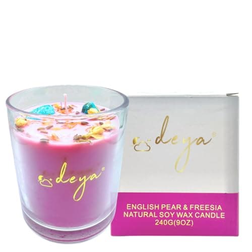 Deya Natural Soy Wax Candle | Healing Crystals&Dried Flowers | Single Wick | Up to 45 Hours Burning Time | Natural Fragrance | Vegan | Aromatherapy | Best Gift for Men and Women (English Pear&Freesia)